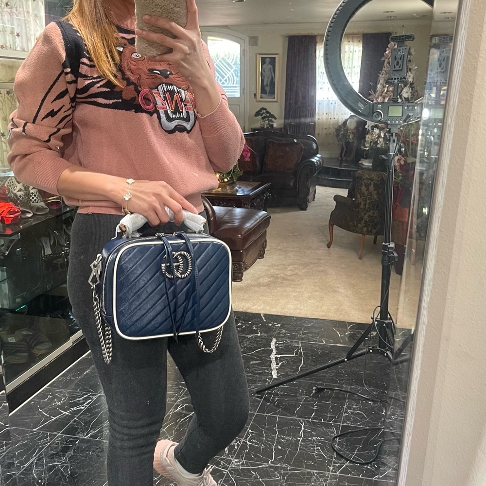 Navy Blue Structured Crossbody Bag with Silver Hardware - Picture 3 of 11